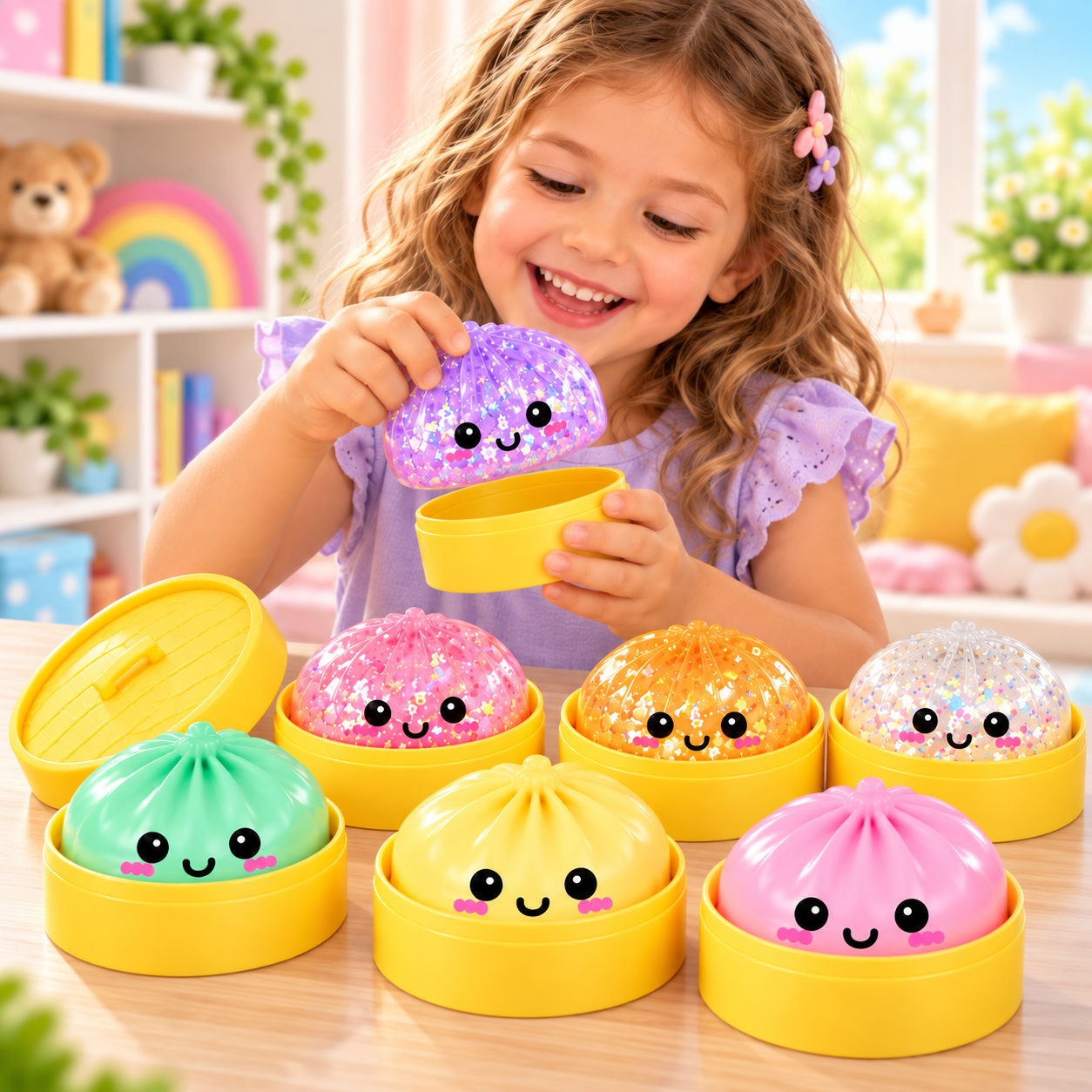 Criança brincando com um squishy roxo