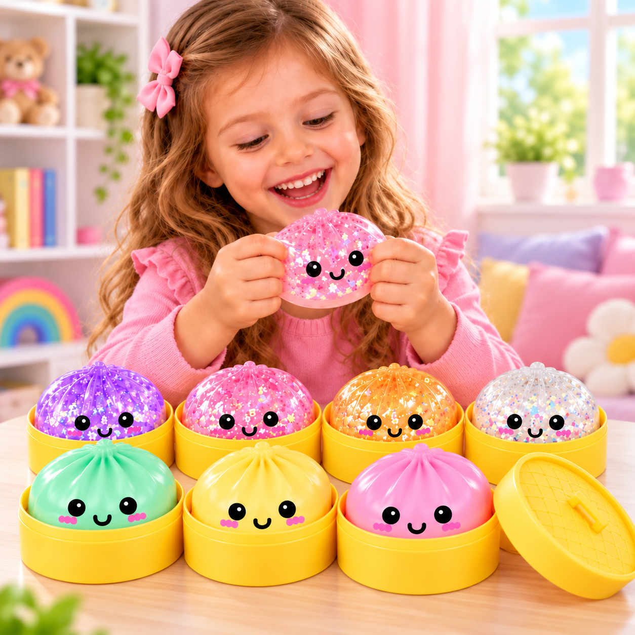 Squishy rosa macio durante a brincadeira